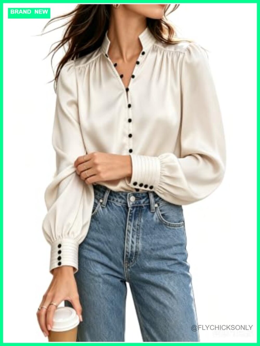 Satin Button Down Blouse Puff Sleeve Business Casual Work Top